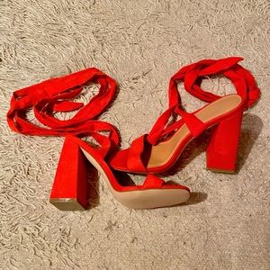 Public Desire Red Block Heel Sandals Lace Up Strappy
